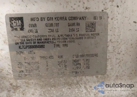 2019 Chevrolet Trax Lt from USA, damaged, VIN KL7CJPSB0KB945892